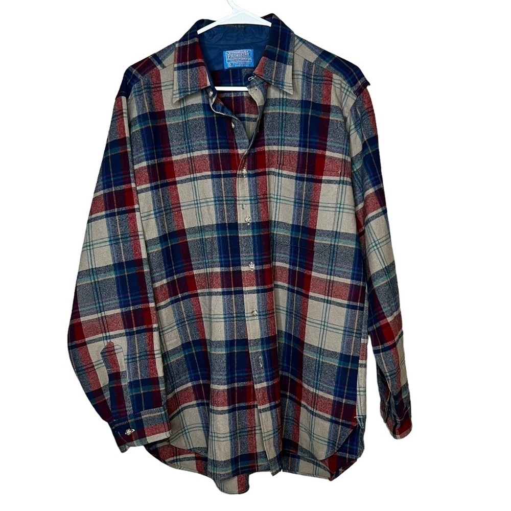 Pendleton Vintage Mens Size L Virgin Wool Button Up Shirt Red Blue Beige Plaid